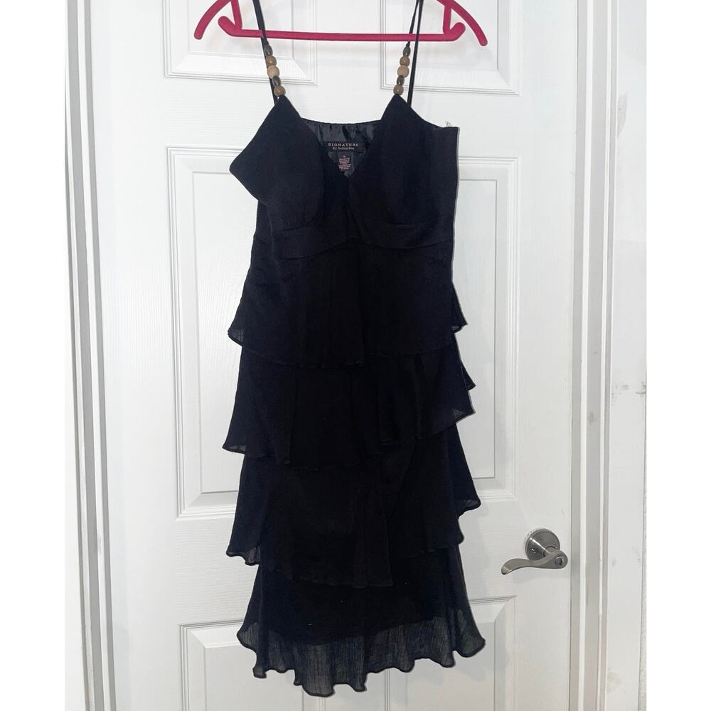Formal Black Dress Wood Beads Strap by Robbie B Size 12 100% Cotton Lined Ruffle